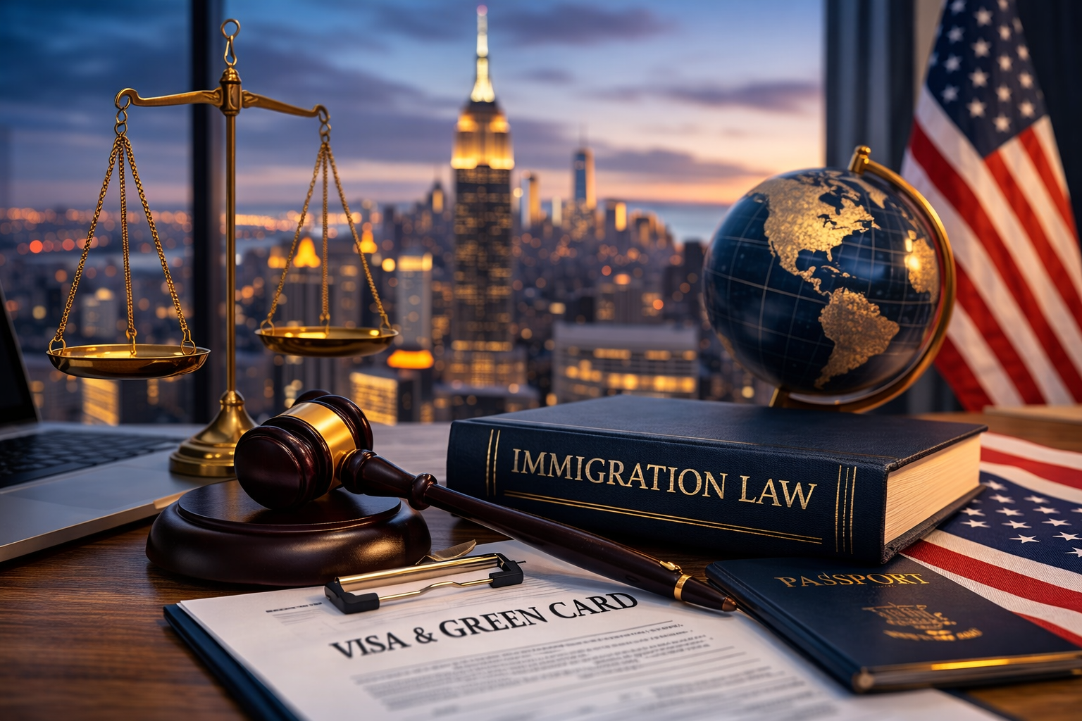 Immigration lawyer services in Manhattan NYC with visa and green card legal documents and immigration law book